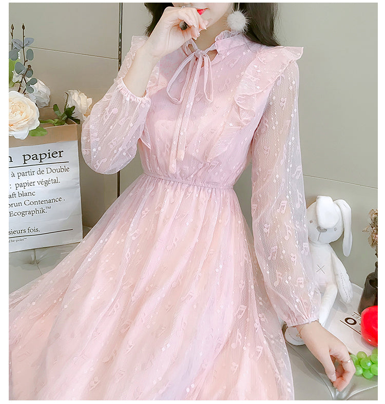 Elegant Long Sleeve Music Notes Dress