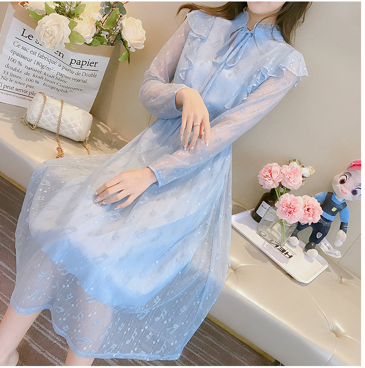 Elegant Long Sleeve Music Notes Dress