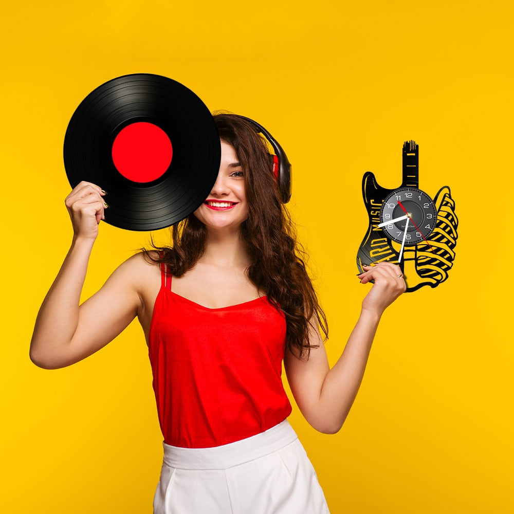 Electric Guitar Skeleton Vinyl Record Wall Clock