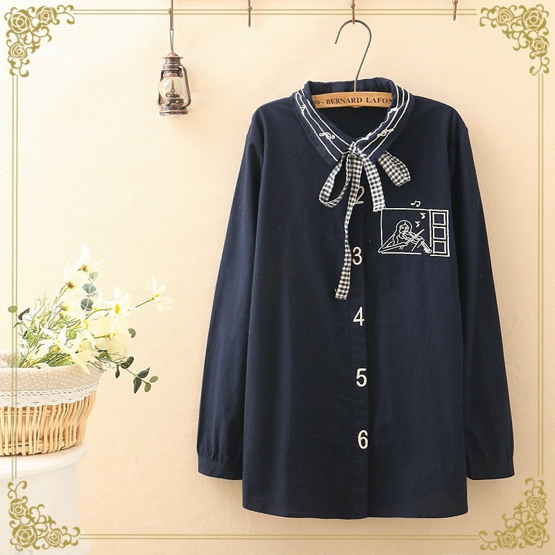 Music Notes Bow Lace-up Women's Shirt