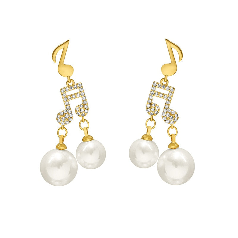 White Pearls Music Notes Earrings