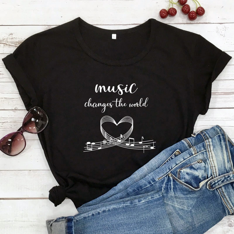 "Music Changes The World" Graphic T-shirt - Black / S - { shop_name }} - Review