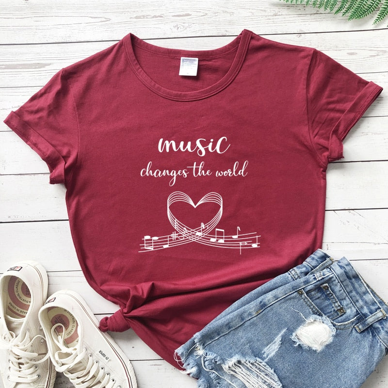 "Music Changes The World" Graphic T-shirt - Burgundy / S - { shop_name }} - Review