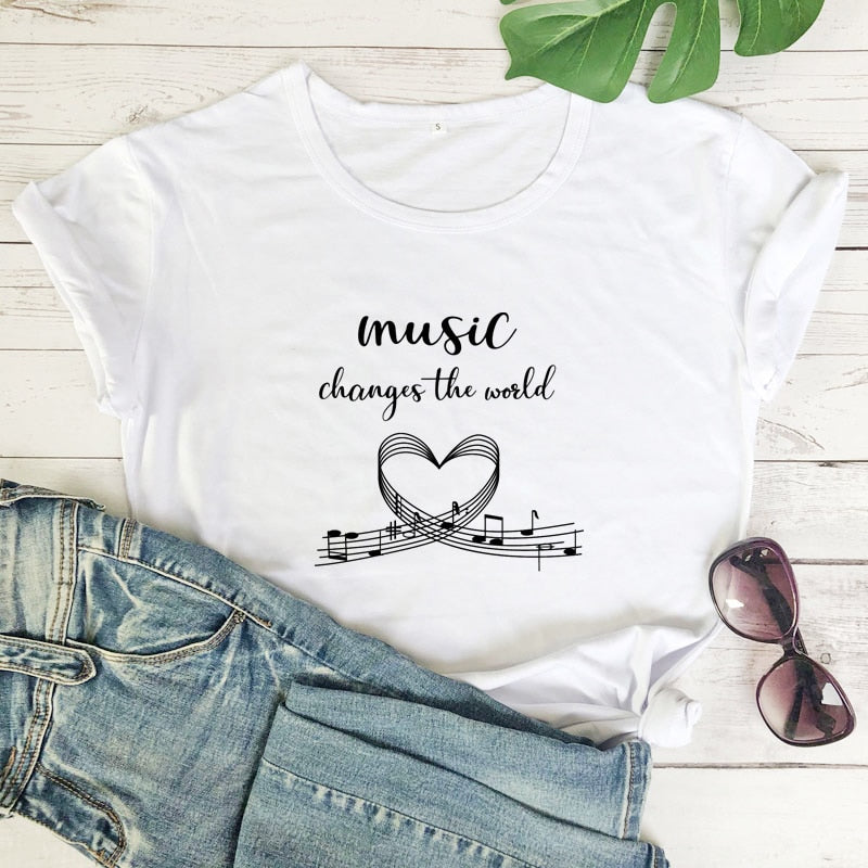 "Music Changes The World" Graphic T-shirt - White / S - { shop_name }} - Review
