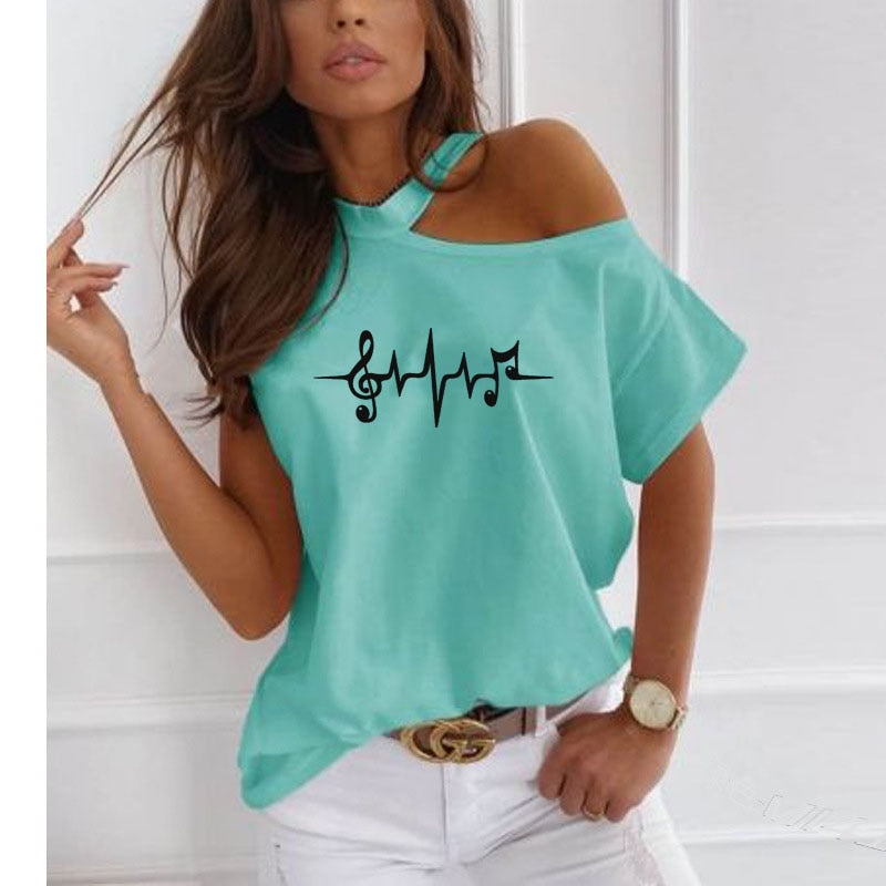 Music Heartbeat Print Off-Shoulder Tee