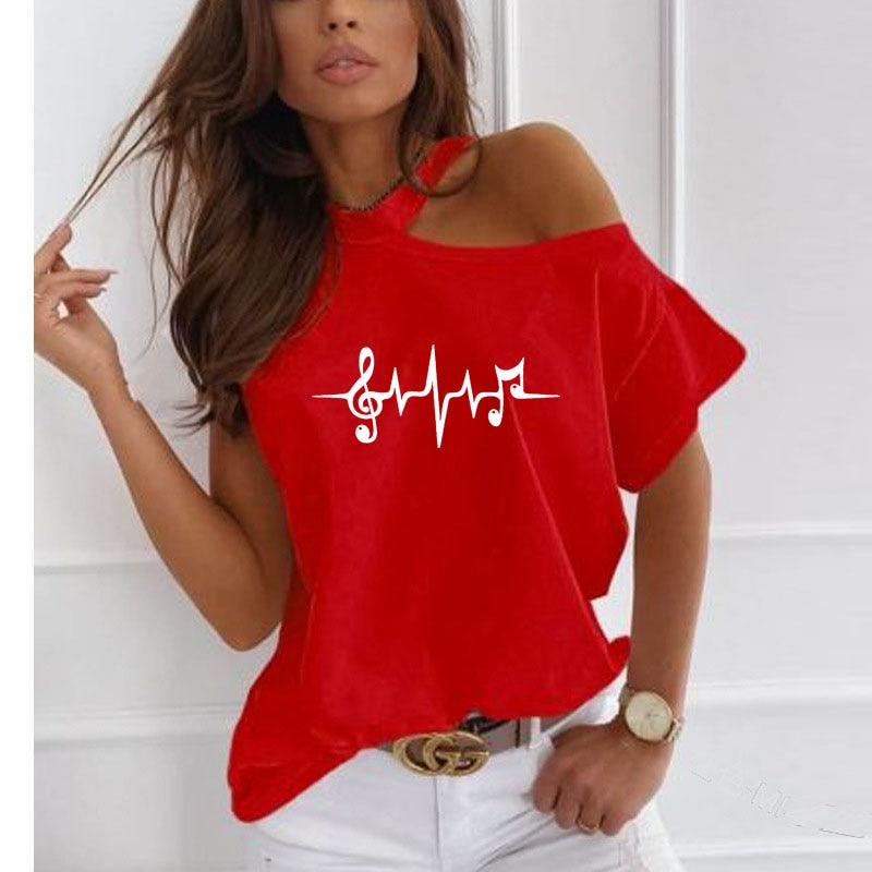 Music Heartbeat Print Off-Shoulder Tee
