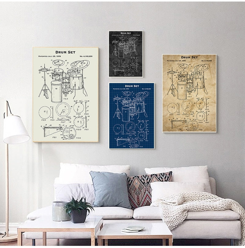 Drum Blueprint Retro Wall Art