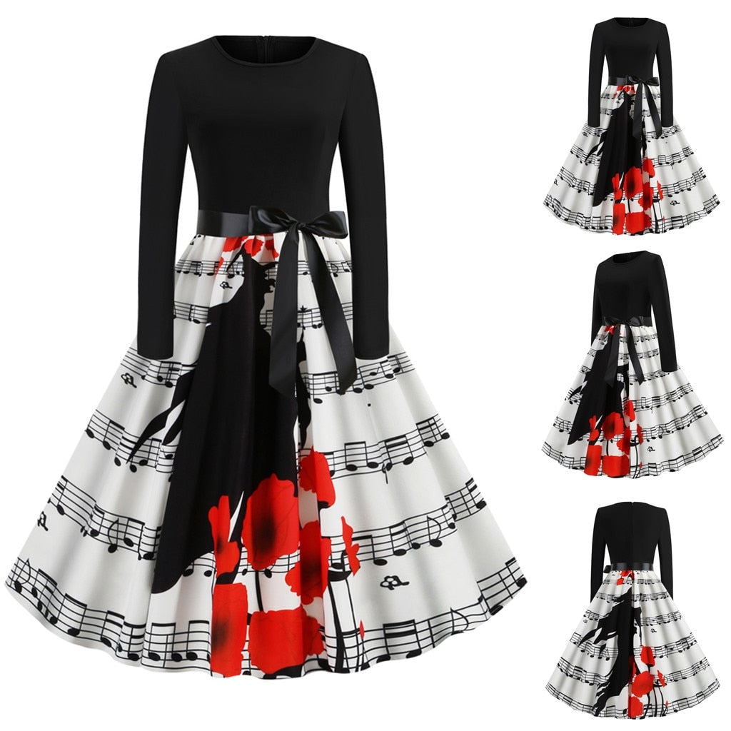 Retro Music Note Print Dress