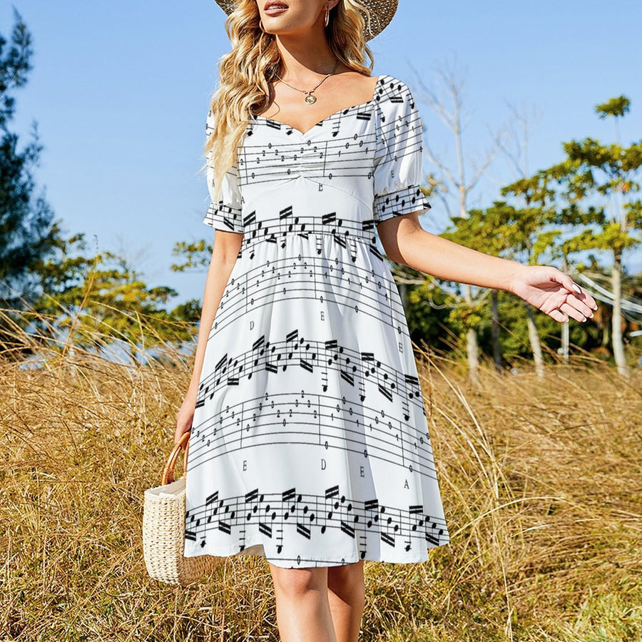 Music Notes White Puff Sleeve Dress