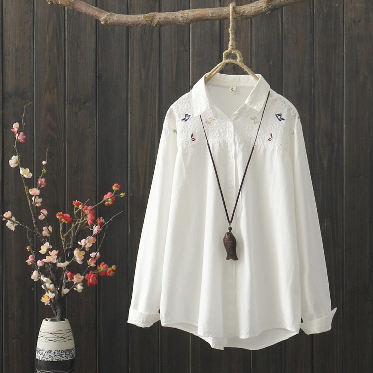 Music Notes Embroidered White Shirt