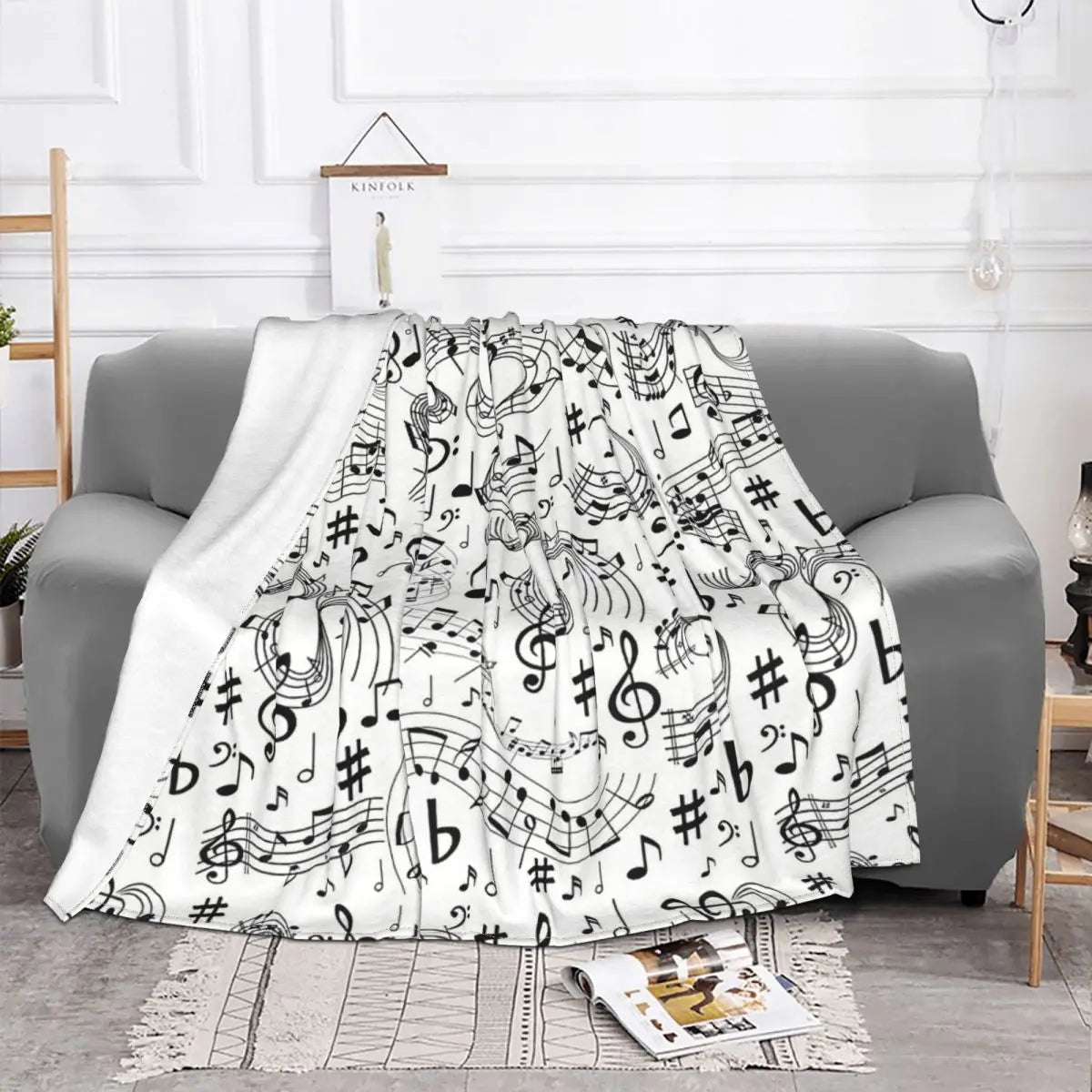 Music Notes White Throw Blanket