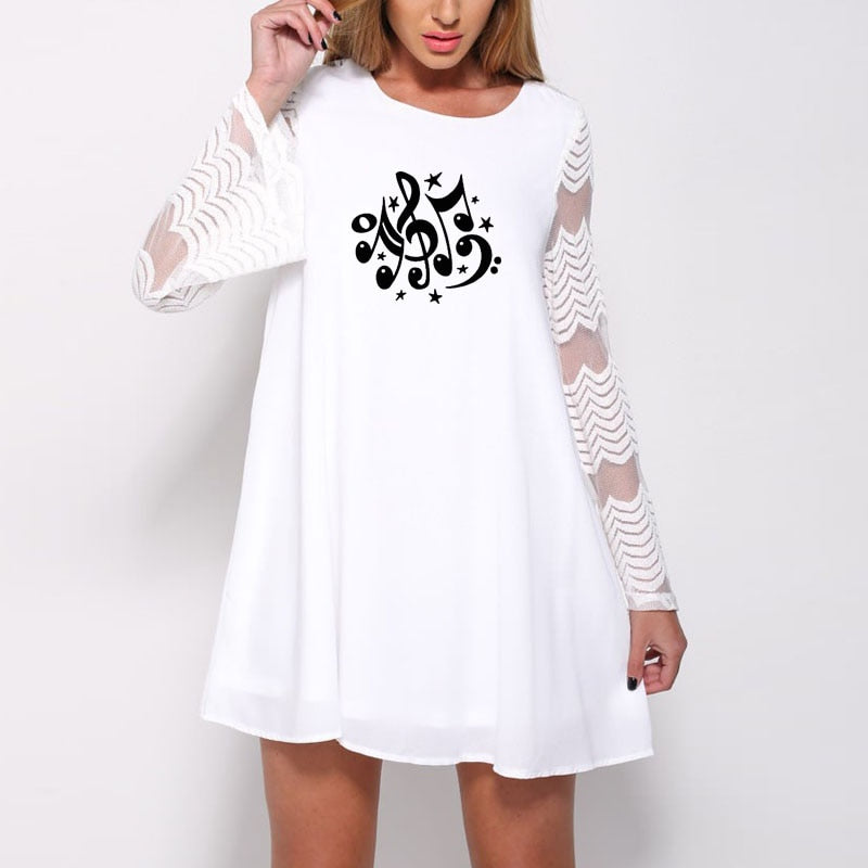Music Stars Print Mesh Lace Dress
