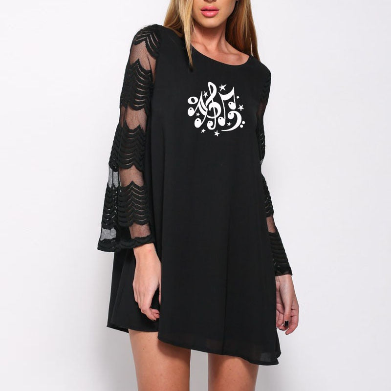 Music Stars Print Mesh Lace Dress