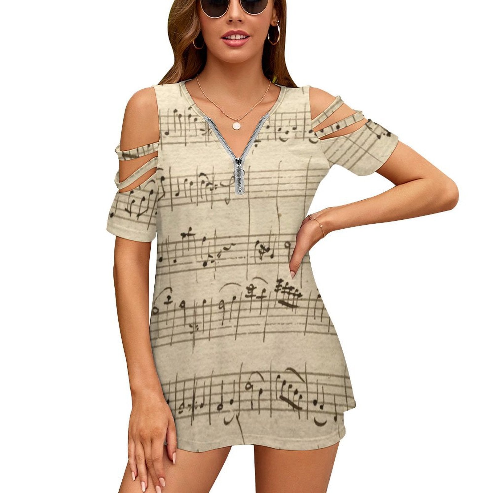 Music Note V Neck Zip T-shirt