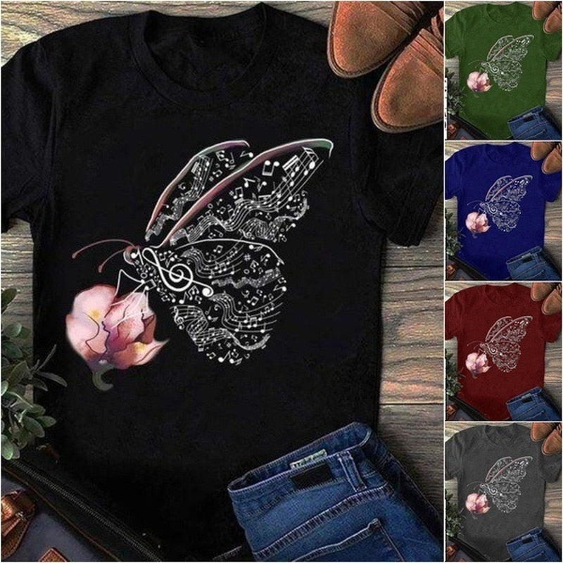 Music Notes Butterfly Flower T-shirt
