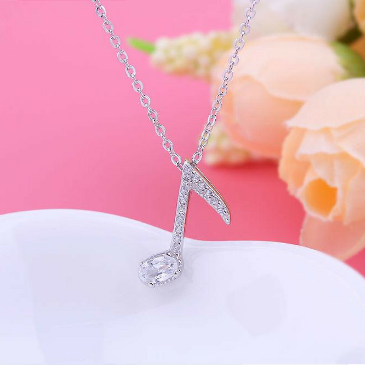 Music Note Silver Crystal Necklace