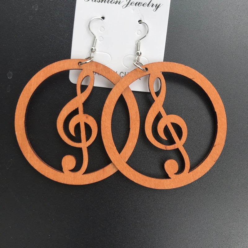 Round Wooden Music Notes Earrings
