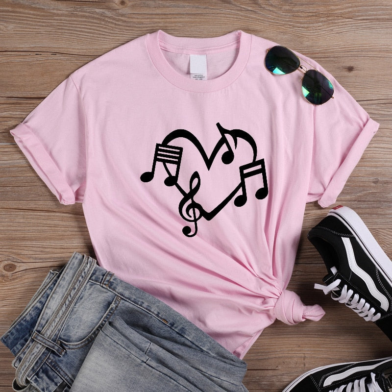Music Notes Heart Love Graphic T-shirt - Pink / XS - { shop_name }} - Review