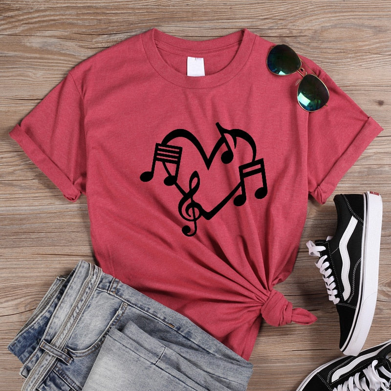 Music Notes Heart Love Graphic T-shirt - HeatherRed / XS - { shop_name }} - Review