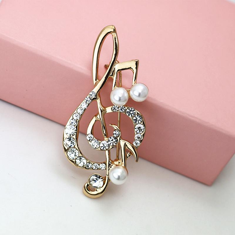 Pearl Musical Note Rhinestone Brooch Pin