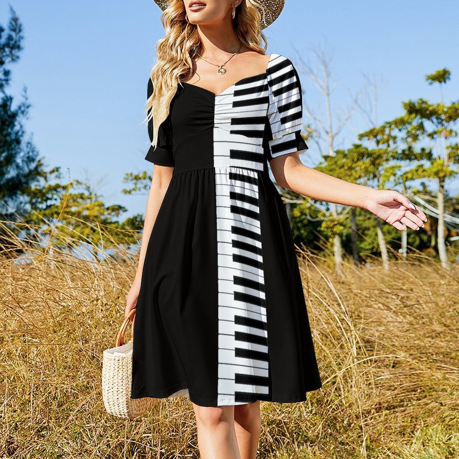 Piano Keys Puff Sleeve Dress