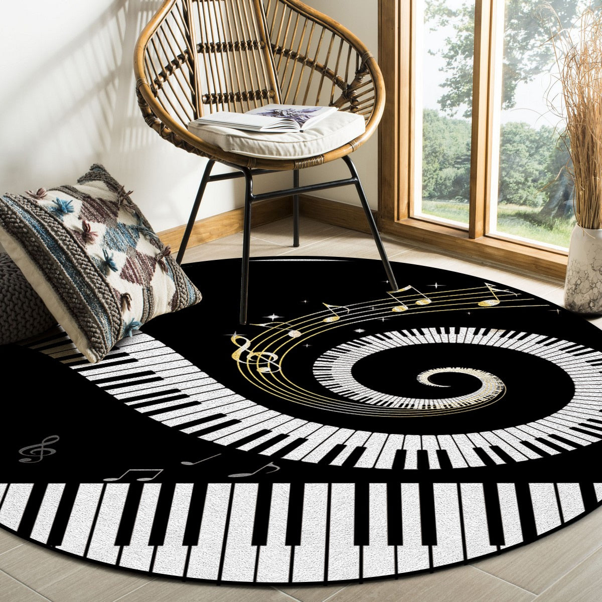 Piano Keys Swirl Print Round Rug