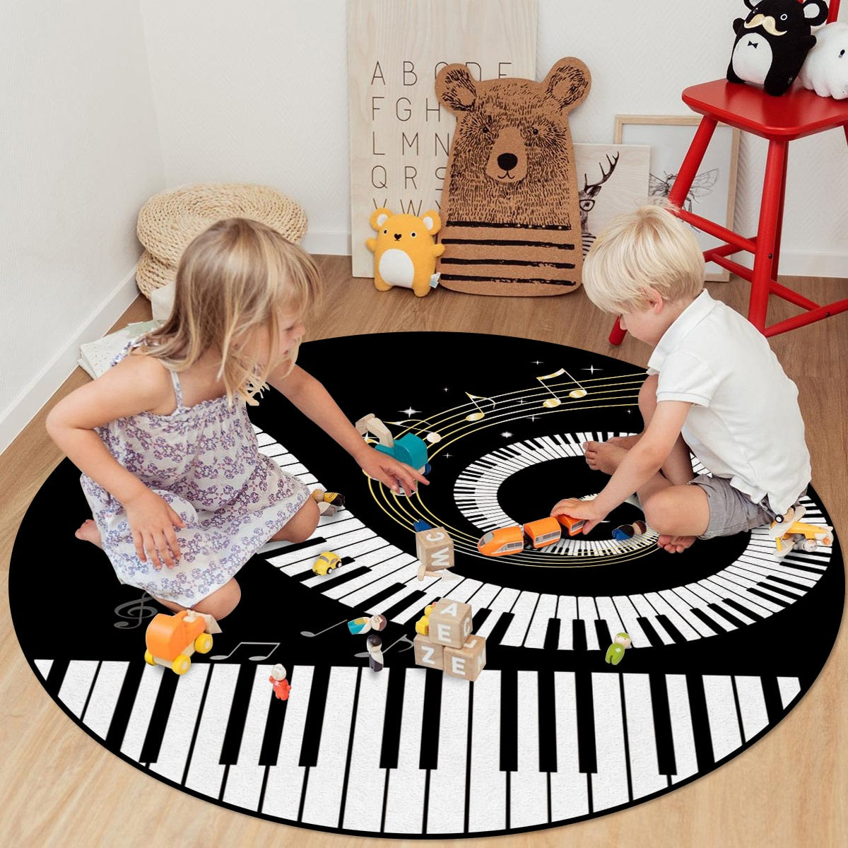 Piano Keys Swirl Print Round Rug