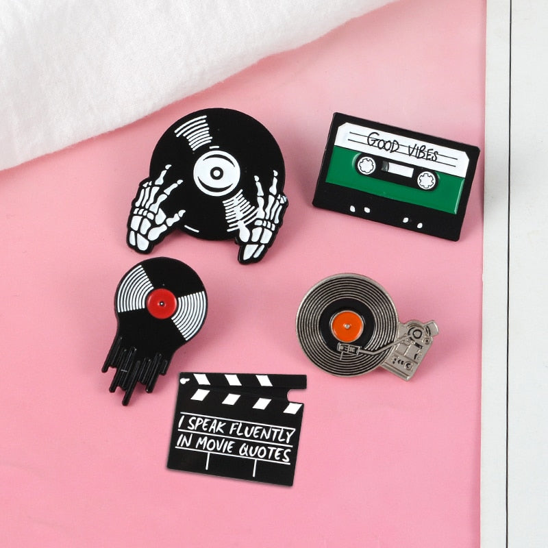 Retro Music Vinyl Record Cassette Tape Brooch