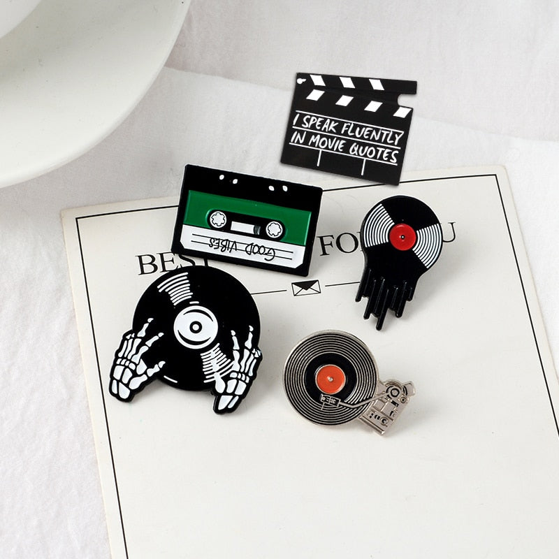 Retro Music Vinyl Record Cassette Tape Brooch