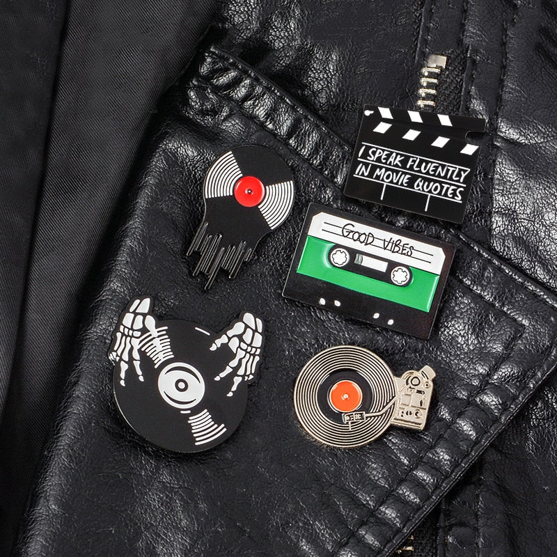 Retro Music Vinyl Record Cassette Tape Brooch