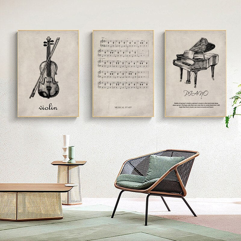Retro Violin Piano Sheet Poster