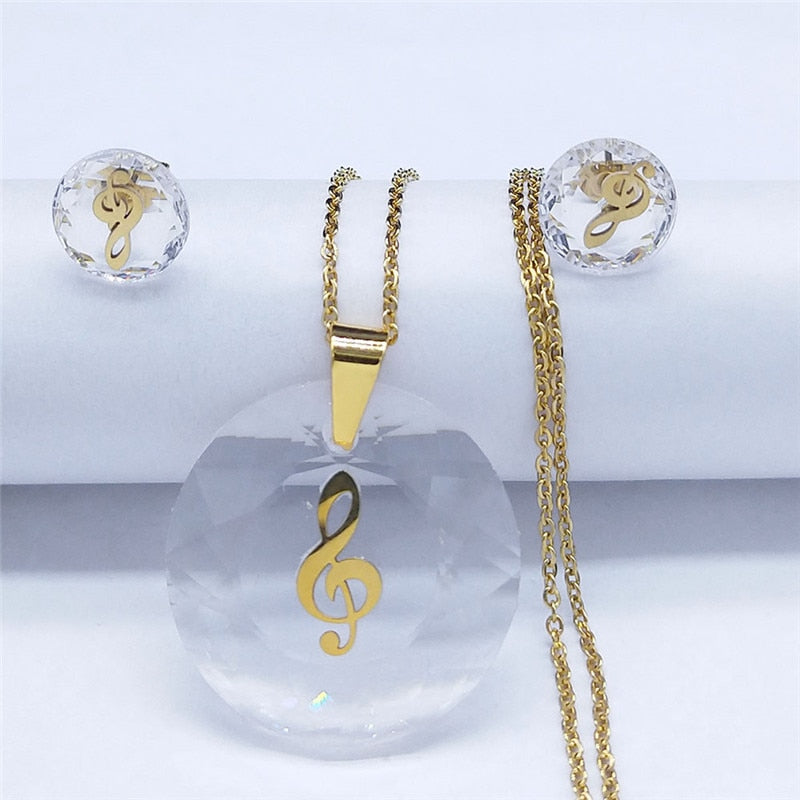 Gold Music Clef Crystal Necklace & Earrings Set