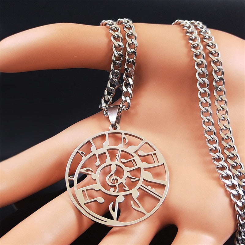 Round Silver Music Necklace
