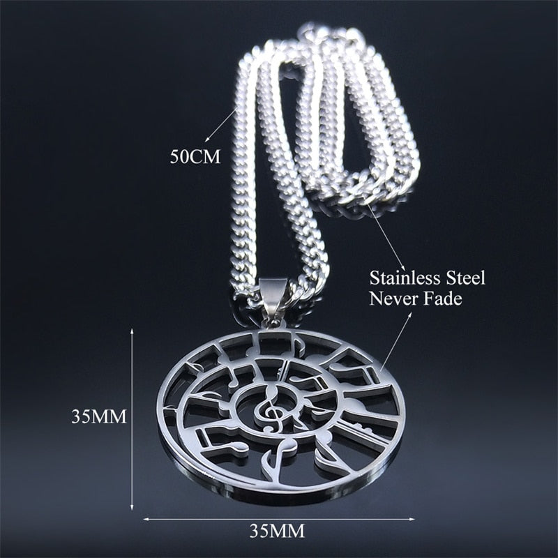 Round Silver Music Necklace