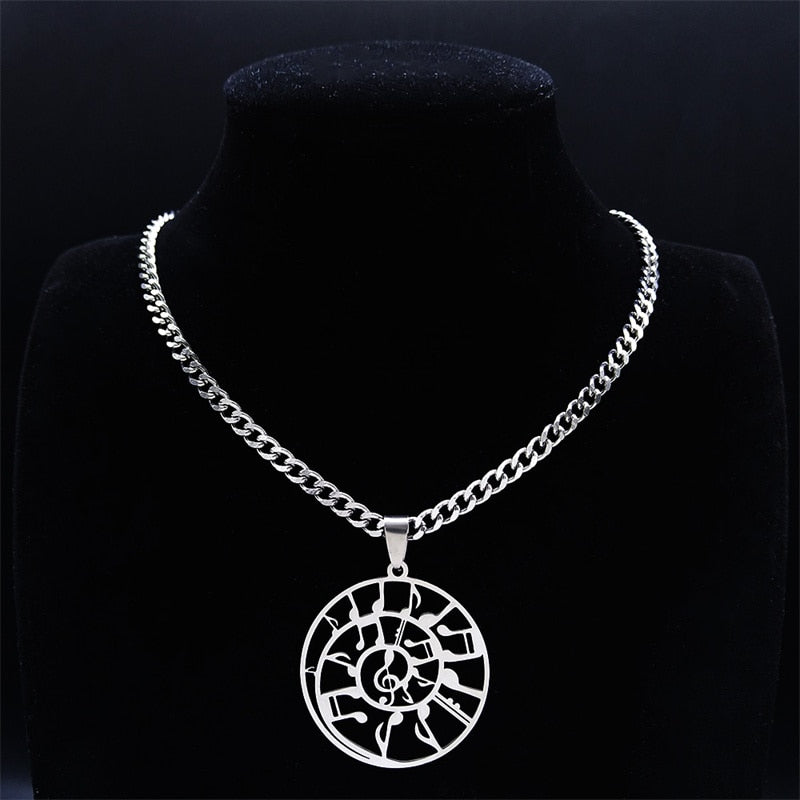 Round Silver Music Necklace