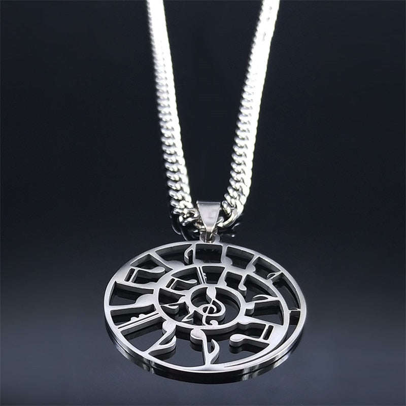 Round Silver Music Necklace