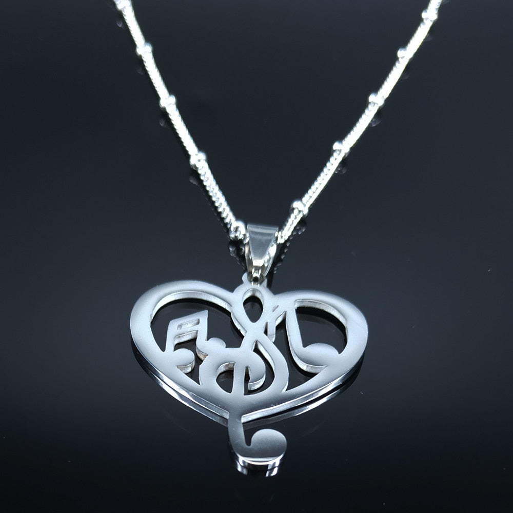 Music Notes Silver Heart Necklace