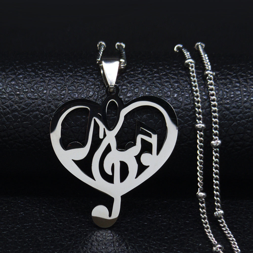 Music Notes Silver Heart Necklace