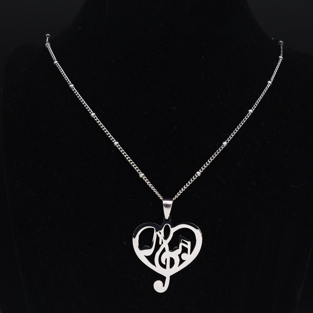 Music Notes Silver Heart Necklace
