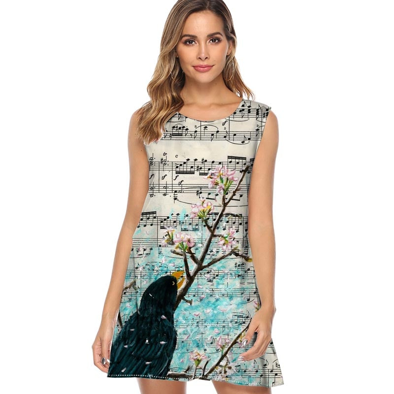 Music Blackbird Print Chiffon Dress