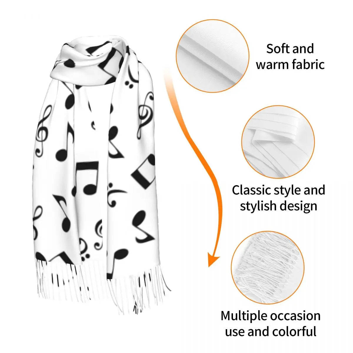 Random Music Notes White Tassel Scarf