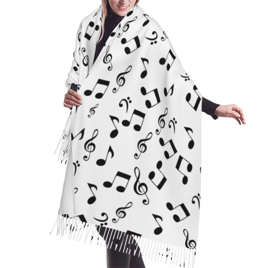 Random Music Notes White Tassel Scarf