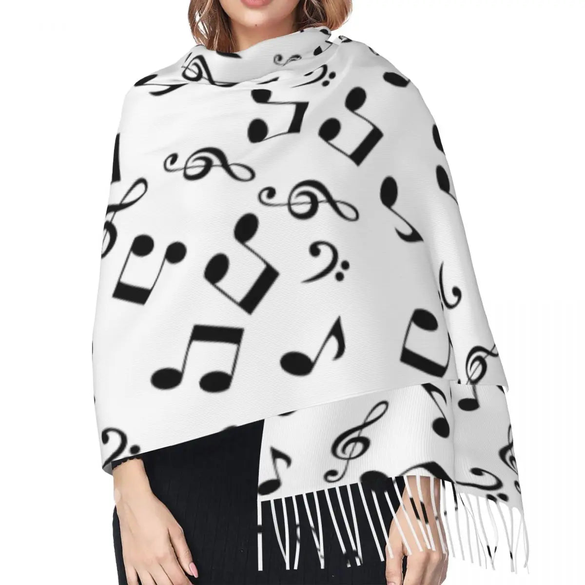 Random Music Notes White Tassel Scarf
