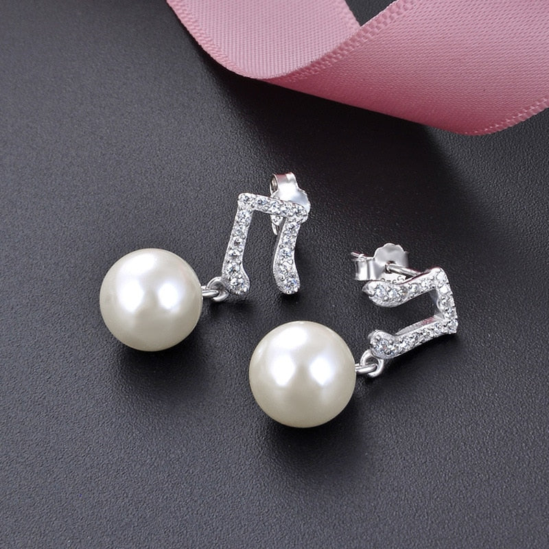Silver Music Notes Pearl Earrings
