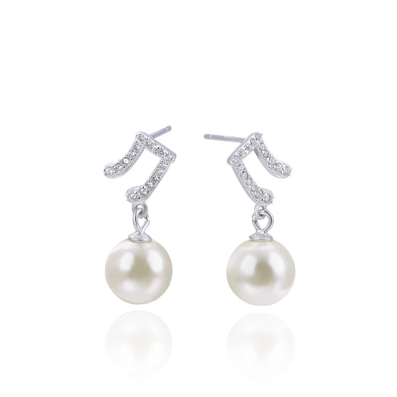 Silver Music Notes Pearl Earrings