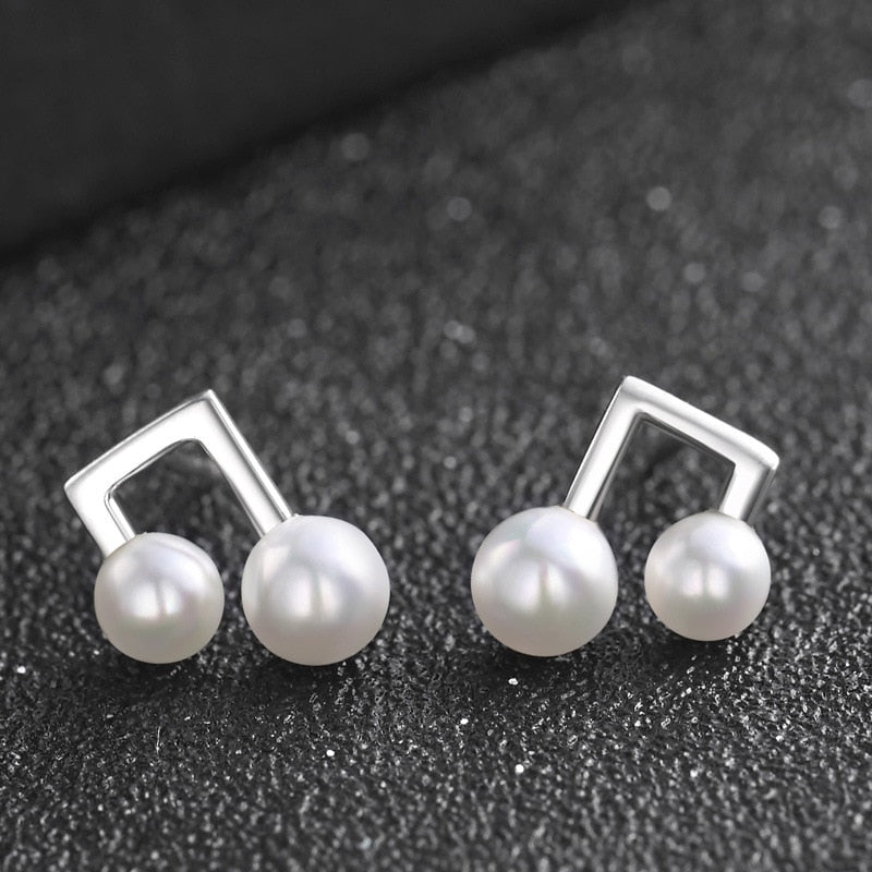 Silver Music Notes Pearl Earrings
