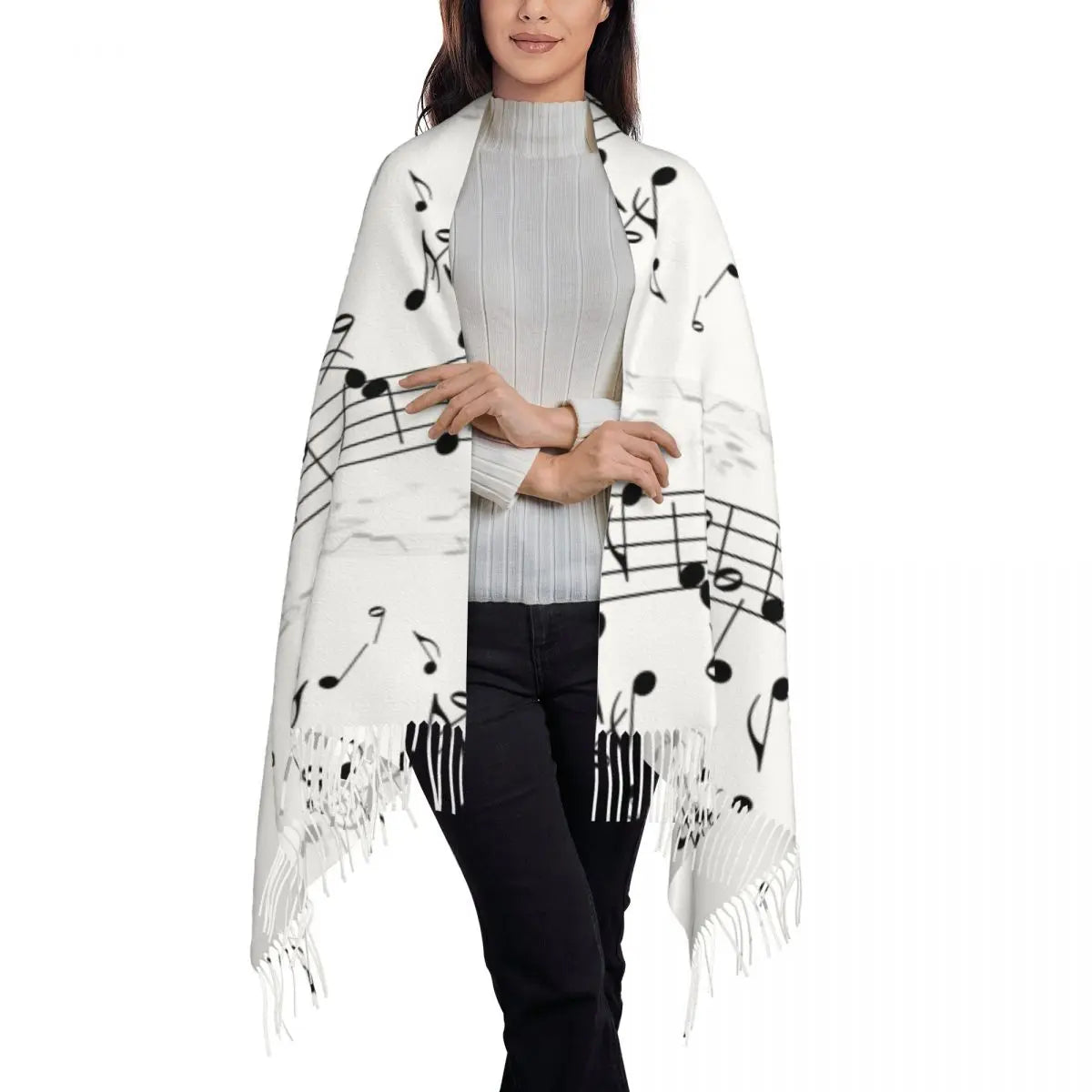 Music Scores White Tassel Scarf