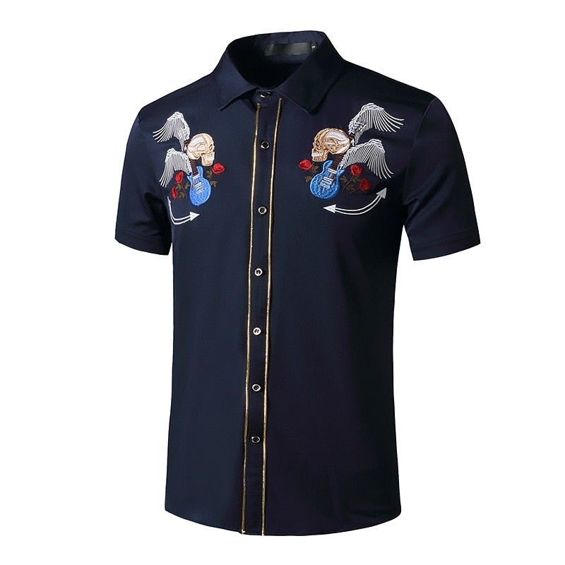 Vintage Rose Skull Guitar Embroidery Shirt