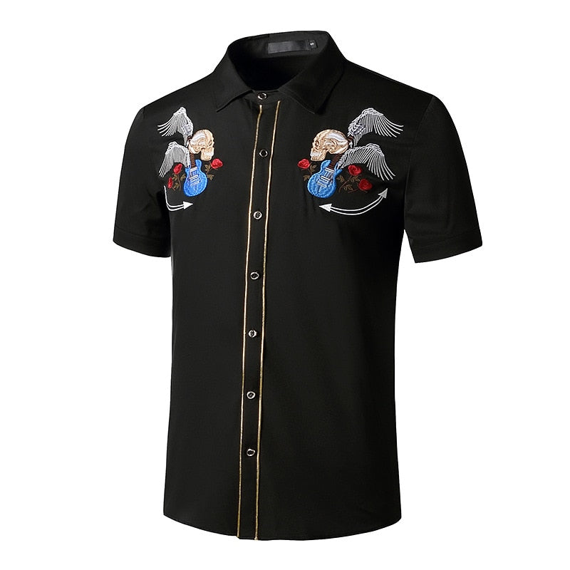 Vintage Rose Skull Guitar Embroidery Shirt