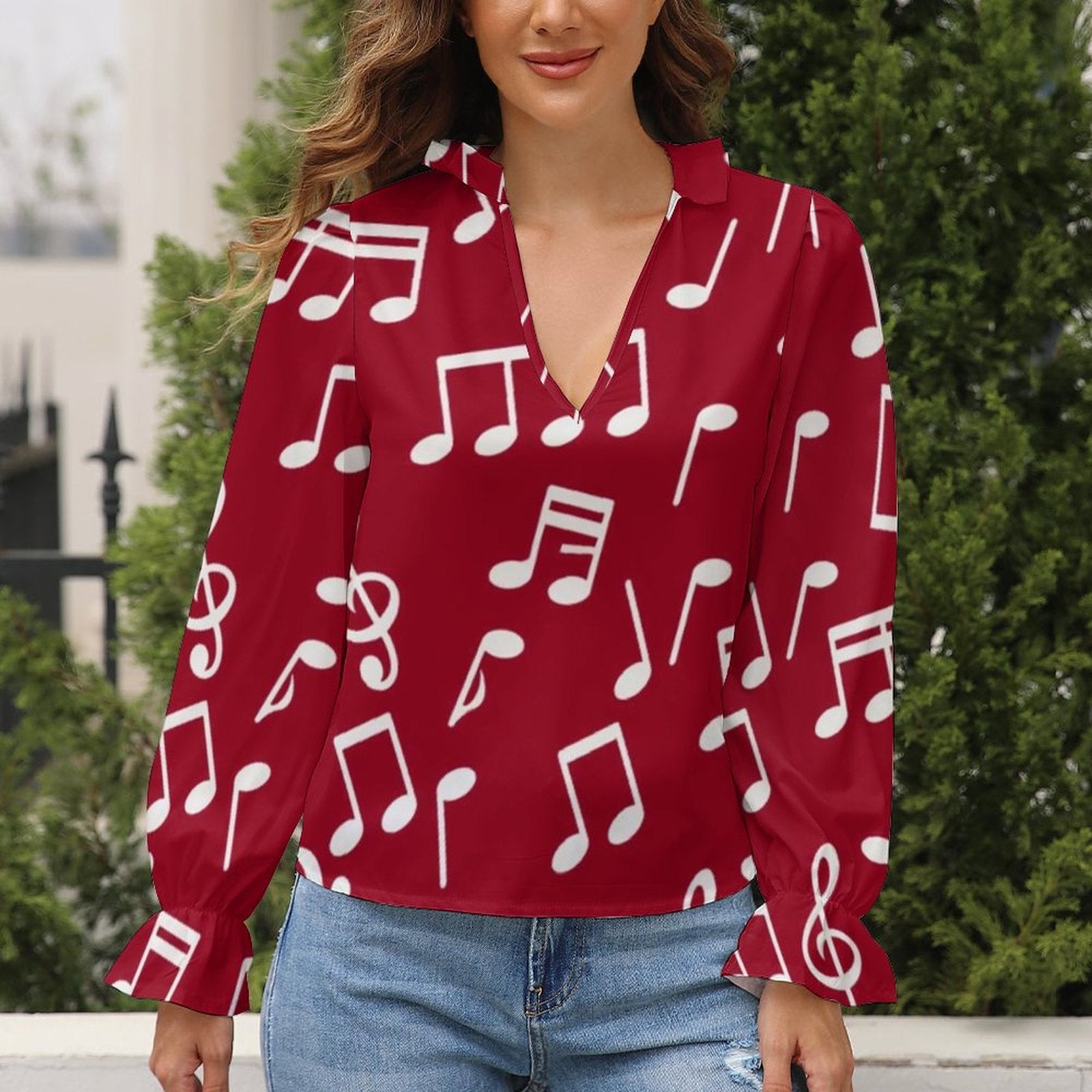 Music Notes Print Red Blouse